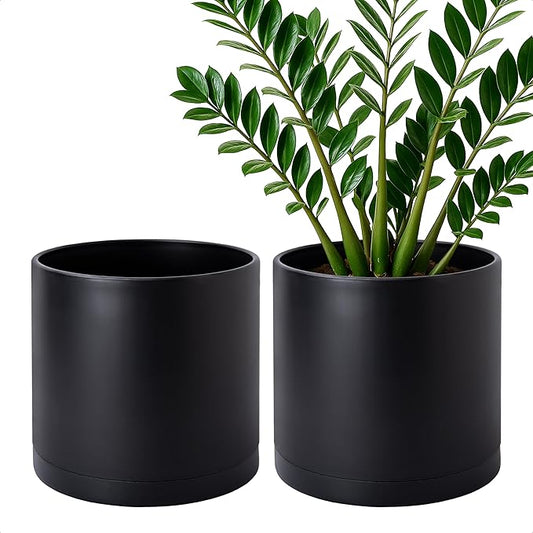D'vine Dev 2 Pack 10 Inch Modern Plastic Plant Pots, Small Garden Planters for Plant with Drainage Holes and Saucers, Black Color, 74-Y-N-1