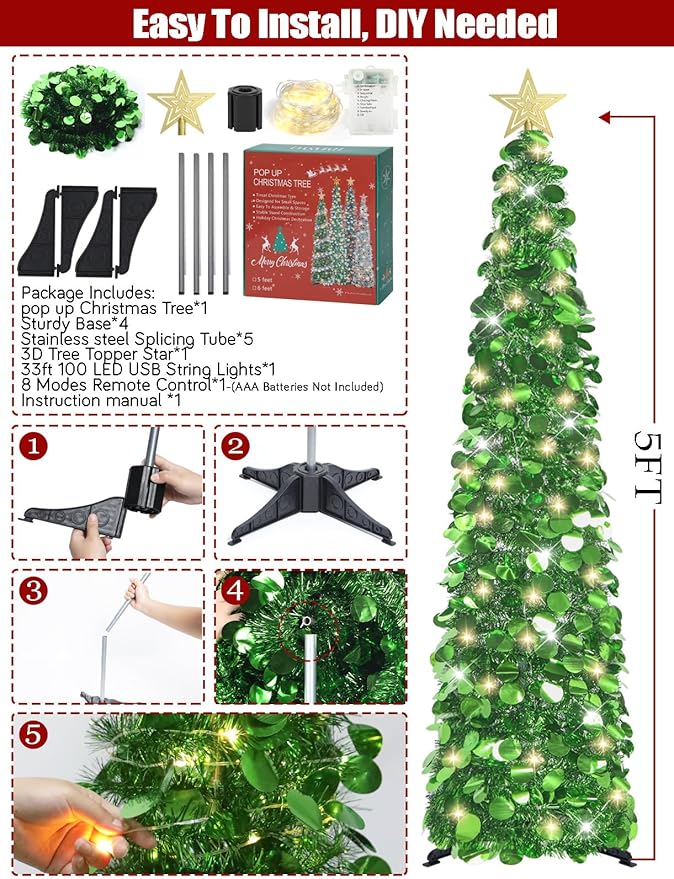 HMASYO 5 FT Pop Up Christmas Tree with Timer Lights, Green Christmas Tinsel Tree, Collapsible Artificial Pencil Christmas Tree for Indoor Home Apartment Porch Holiday Party Decorations