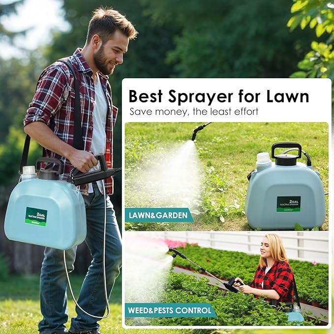 Battery Powered Sprayer 2 Gallon, 2025 Upgraded Electric Weed Sprayer with 3 Spray Forces, Battery Indicator, Rechargeable Handle,4 Mist Nozzles,23.6" Retractable Wand,Shoulder Strap, for Lawn&Garden