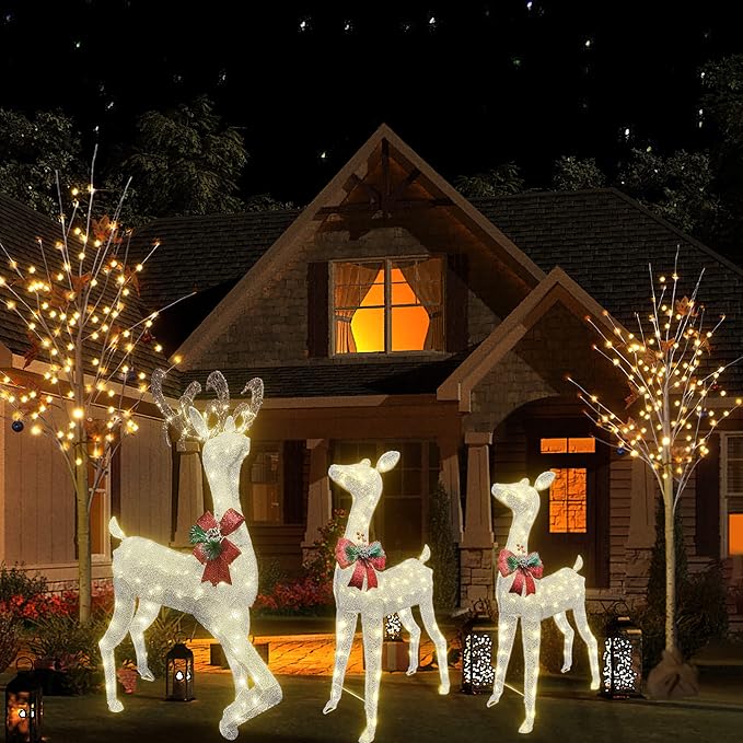 AWQM 3-Piece Lighted Christmas Reindeer, Christmas Deer Family Set with Red Bow, 50+80+100 LED Lights, Indoor or Outdoor Christmas Holiday Decoration for Yards Garden Lawn Patio Light Up Display,White