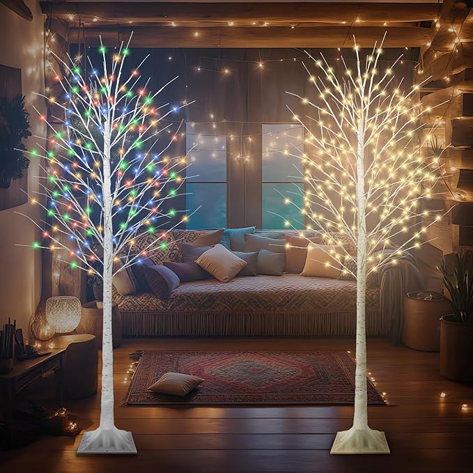 8FT Lighted Birch Tree with 210 LED Warm White and Multicolor Lights, 8 Modes, Timer Remote Faux Prelit Twig Christmas Tree with Lights for Indoor Outdoor Xmas Holiday Party Decoration