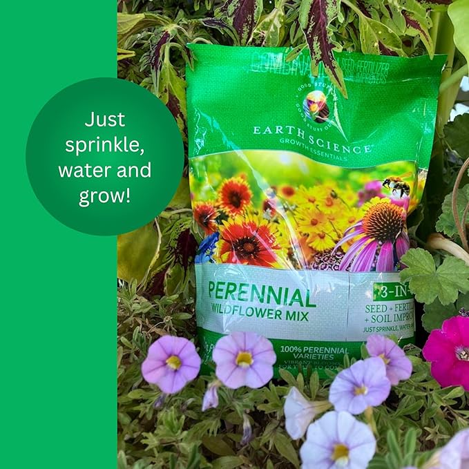 Earth Science Perennial Wildflower Mix—6 lb—3-in-1 Formula with Premium Wildflower Seeds, Plant Food and Soil Conditioners - Non-GMO, Natural Ingredients