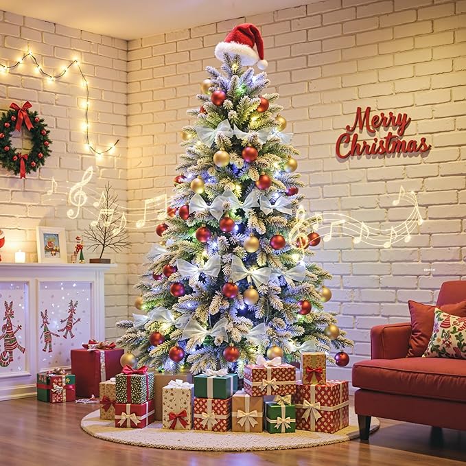 7.5FT White Flocked Pre-Lit Artificial Christmas Tree, 360° Rotating Musical Snow Frosted Xmas Tree with Remote Control, 8 Modes Warm White & Multicolored LED Lights Snowy Holiday Tree Decor