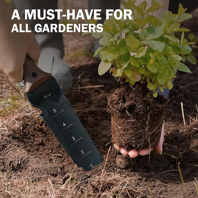 Hori Hori Garden Knife, Garden Tools with Sheath for Weeding,Planting,Digging, 7" Stainless Steel Blade with Cutting Edge, Full-Tang Walnut Wood Handle with Hanging Hole