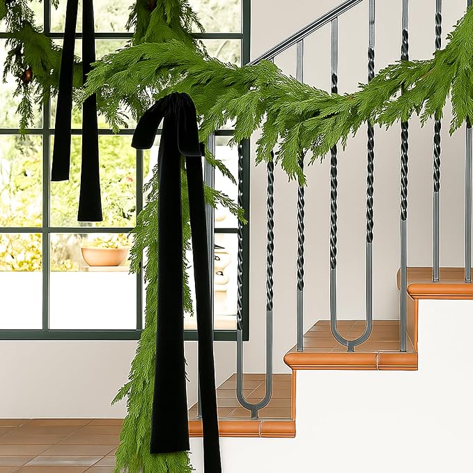 Janinka 6 Pcs Black Velvet Christmas Swag Bow 31.5 x 23.6 inch Large Vintage Christmas Ornament Rustic Velvet Staircase Wreath Bows Xmas Tree Topper Bows Large Bow for Outdoor