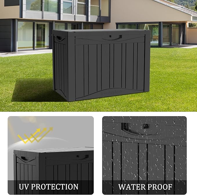 45 Gallon Deck Box, Resin Outdoor Indoor Waterproof Storage Box, Lockable Storage Box With Handle for Patio Furniture - Garden Tools - Swimming Pool Tools UV-Resistant, Black