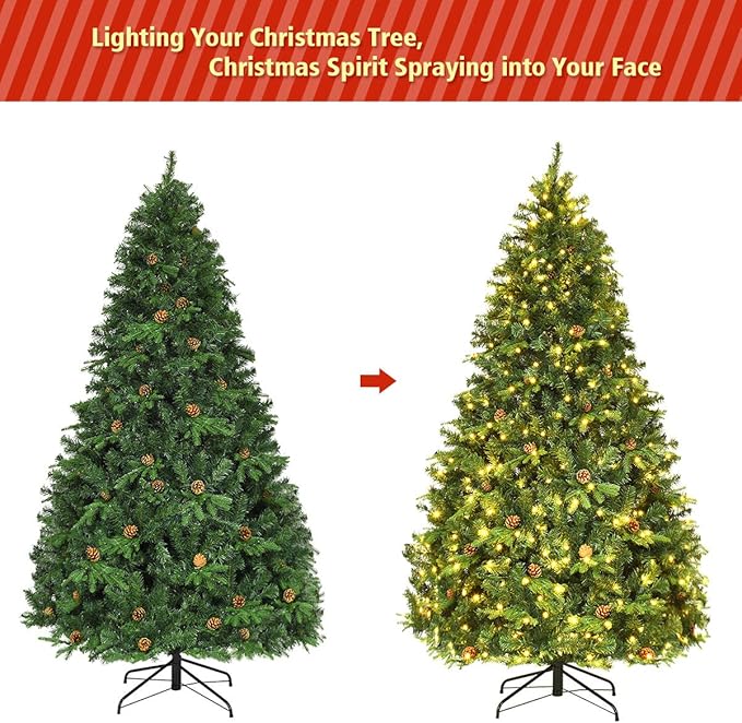 GOFLAME 7ft Artificial Pre-lit Christmas Tree with Warm White LED Lights and Pine Cones, Home Holiday Décor, Hinged, 925 Branches for Indoor Decoration Easy Setup