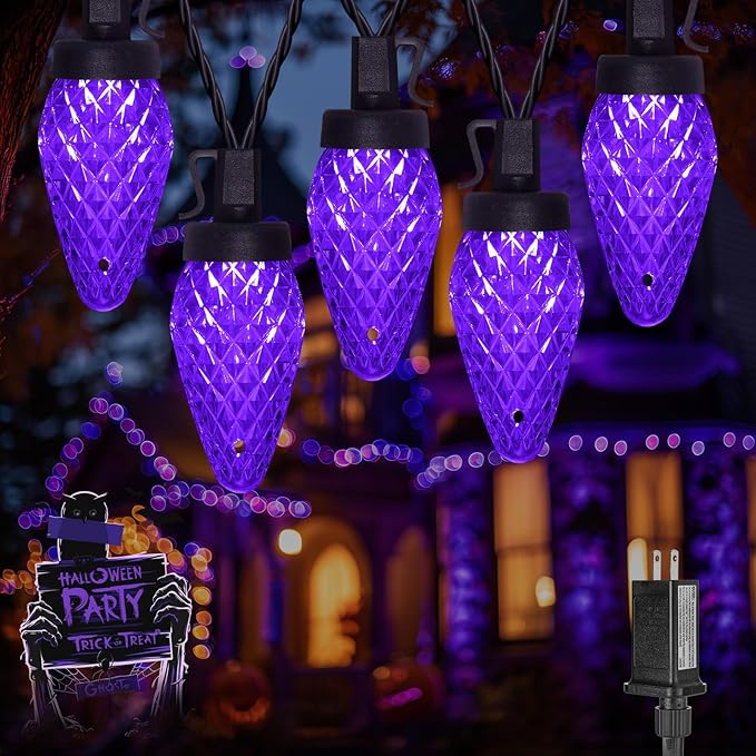 Brightown Halloween C9 LED Purple String Lights, 114FT 150 LED Halloween Lights with Timer & 8 Modes, Plug-in Waterproof Connectable Outdoor Lighting for House Patio Yard Porch Roof