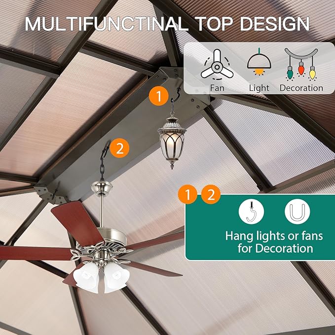 10X12 FT Outdoor Polycarbonate Hardtop Gazebo, Outdoor Gazebo with Mesh Nettings and Sunshade Curtains, Aluminium Frame Gazebo for Terrace, Courtyards, Lawn and Deck