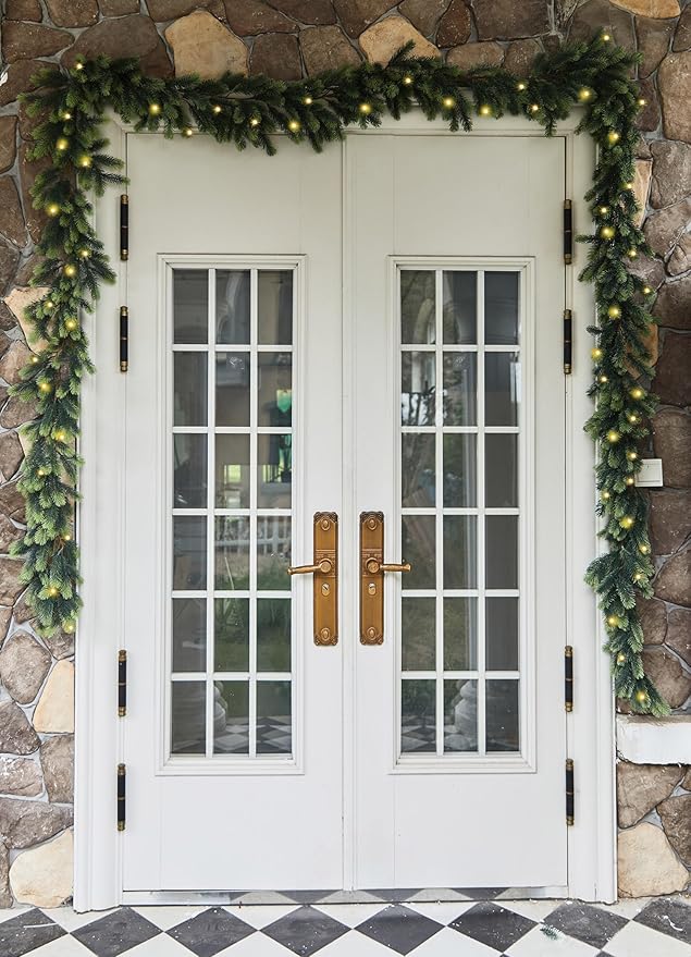 PARTY JOY 6FT Christmas Garland with LED String Lights, Artificial Pine Cypress Garland, Christmas Decorations Table Mantle Background Wall Room Winter Garland Outdoor Indoor Christmas Decor