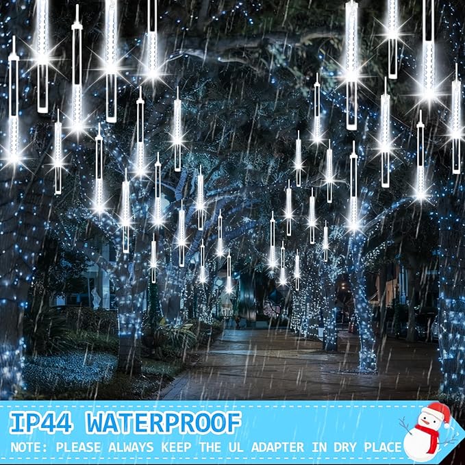 2-Pack Christmas Lights Outdoor, 16Tubes 384LEDs Extendable Meteor Shower Lights, Falling Rain Light Waterproof Plug in Tree Light for Christmas Backyard Garden Patio Xmas Decoration (Cool White)