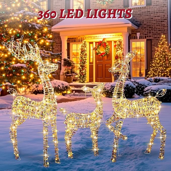 51" H Christmas Iridescent Reindeer Decoration Family Set for Yard 3-Piece Light Up Deer with 360 LED Lights and Ground Stakes 3D Large Outdoor Holiday Decoration for Patio, Lawn, Garden