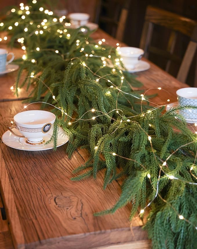 MISSPIN 6ft Christmas Garland with Lights, Real Touch Norfolk Pine Garland, Green Artificial Greenery Garland for Table, Mantle, Wall, Indoor, Outdoor Christmas Decorations