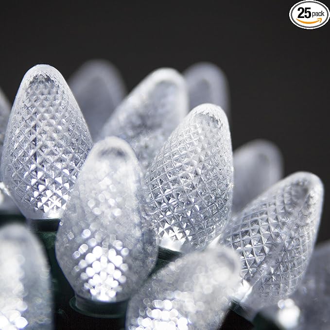 Wintergreen Lighting C7 Cool White LED Christmas Lights, 17 ft String Light Set with 25 Bulbs – Indoor/Outdoor Holiday Decor