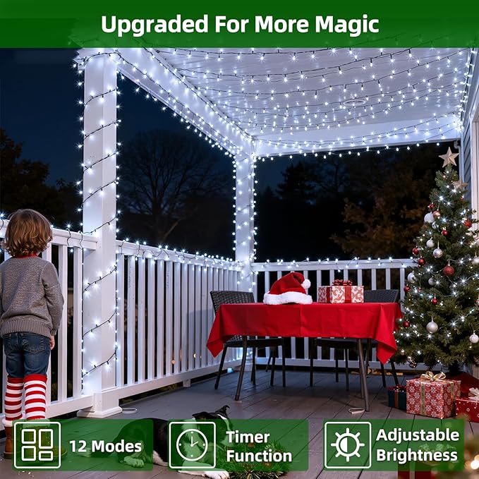 300LED Chrstmas Lights, 75ft Indoor Outdoor Christmas String Lights with 12 Modes, Cool White ChristmasTree Lights with Timer Dimmable Connectable for Fence Garden Wedding Party Decor Cool White