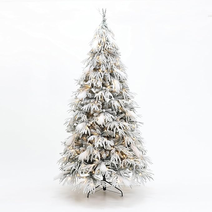 LuxenHome 7.5FT Flocked Artificial Christmas Tree, Downswept Branches Spruce Prelit Christmas Trees with 350 Warm White LED Lights and Feather Accents, 3514 PE+PVC Tips, Xmas Tree Holiday Decor