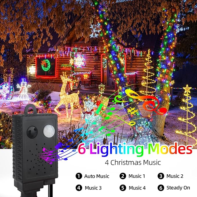 Motion Sensor Music Christmas Lights Outdoor Indoor, 108FT 300LED Christmas Tree Lights, Multicolor Christmas String Lights for Tree Party Holiday