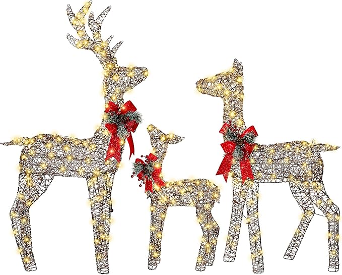 3-Piece Large Pre-Lit Christmas Deer Family Set Outdoor Yard Decorations, 55" Tall Frosted Rattan Deer Lighted Holiday Displays with 350 Warm LEDs, Stakes & Zip Ties for Front Door Garden Lawn