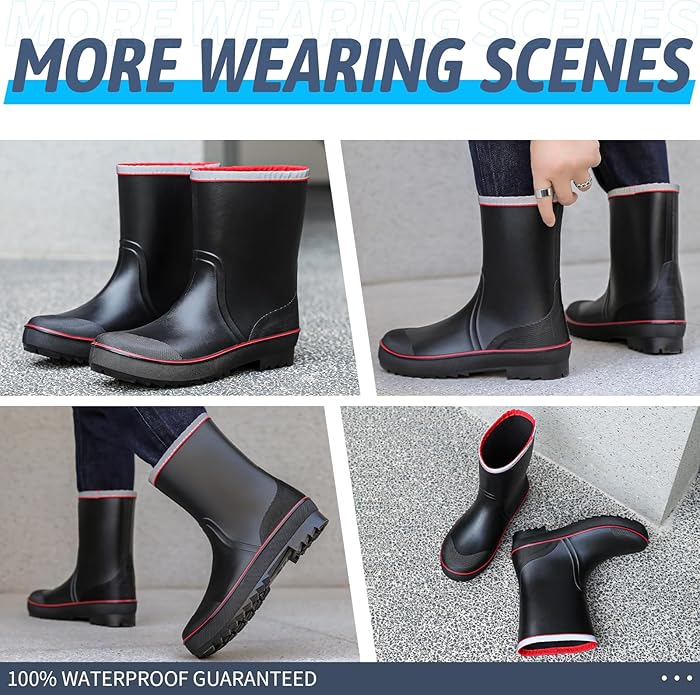 Women's Ankle Rain Boots - Slip On Waterproof Festival & Garden Shoes for Men - Comfortable Lightweight Rubber Wellies with Decorative Buckle