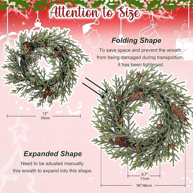 18 inch Christmas Wreath, Small Christmas Wreath for Front Door Christmas Door Wreaths Norfolk Pine Wreath with Frosted Pine Cones Cedar Aritificial Wreath for Christmas Indoor Outdoor Decorations