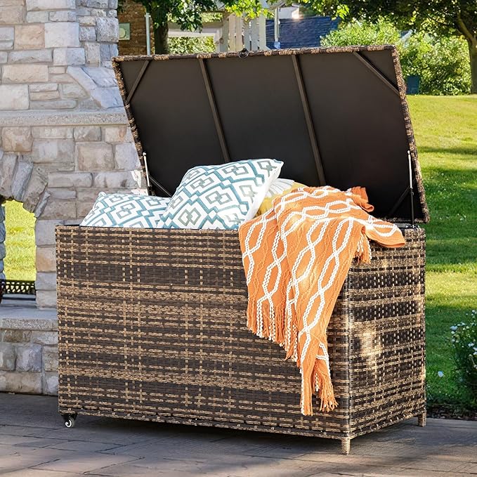 MEISSALIVVE 178 Gallon Outdoor Storage Box, Handle Large Portable Wicker Rattan Deck Box for Patio Furniture Cushions, Patio Deck Box with 2 WheelsThrow Pillows, Garden Tools and Pool Floats (Brown)