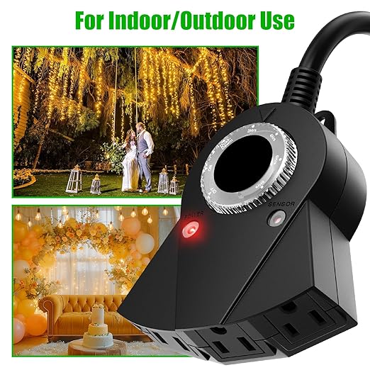 Outdoor Light Timer Waterproof, 24 Hours Plug in Timer with 2, 4, 6 or 8 Hours Countdown Mode, 3 Grounded Dusk to Dawn Electrical Outlet for Outdoor Backyard Garden Patio Lights Christmas Decorations