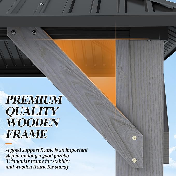 GARTOO 8.5' x 8.5' Outdoor Wood Gazebo - Permanent Wooden Hardtop Gazebo Pavilion with Double Curtains, Galvanized Steel Roof Cedar Wood Gazebos for Poolside, Garden, Lawn, Backyard Deck