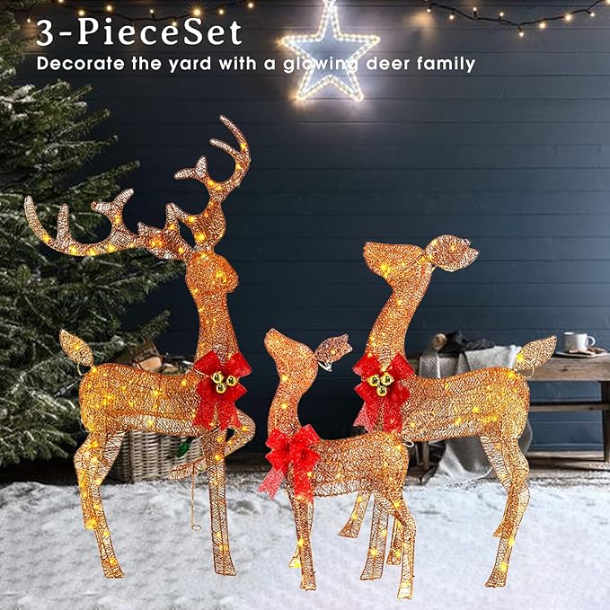 Light Up Christmas Reindeer Outdoor Decor, 240 LED 3-Piece Lighted Family Deer Set. Weatherproof Christmas Yard Reindeer Decoration with Stakes for Outside, Lawn, Garden, Patio, Indoor
