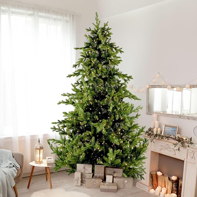 Fraser Hill Farm Woodside Pine Christmas Tree, 7.5 Feet Tall, Artificial Tree with Metal Base Includes White Incandescent Smart Lights, Artificial Holiday Tree Easy to Set Up and Easy to Connect