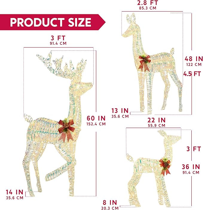 JOIEDOMI 3 Pcs Christmas Iridescent Reindeer Family Set Yard Light Decorations, 360 LED Warm White Lights with Metal Stakes for Indoor Outdoor Garden Holiday Décor, Christmas Eve Night Décor