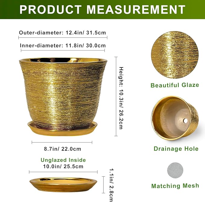 Ceramic Pots for Plants - 12 Inch Planter for Indoor Outdoor, Round Plant Pot with Drainage Hole and Saucer, Decorative Large Planter, Modern Flower Pots, House Decor, Garden Gifts, Gold