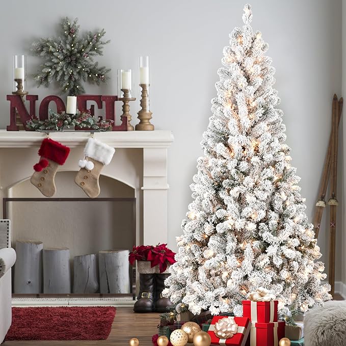 4FT Pre-Lit Flocked Christmas Tree with 100 Warm White Lights, Full White Christmas Tree with Premium PVC Branches,Realistic Snowy Look, Indoor Fake Snow Xmas Tree for Home Office Shops