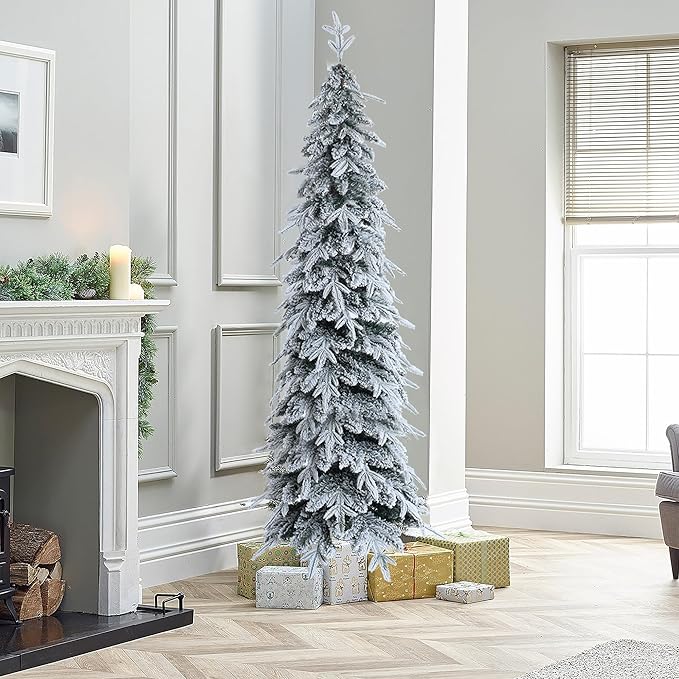 LuxenHome 7FT Flocked Christmas Tree, Unlit Downswept Slim Pencil Christmas Tree with 557 PE+PVC Brand Tips, Tall Artificial Christmas Trees with Stand for Indoor, Outdoor Holiday Decorations
