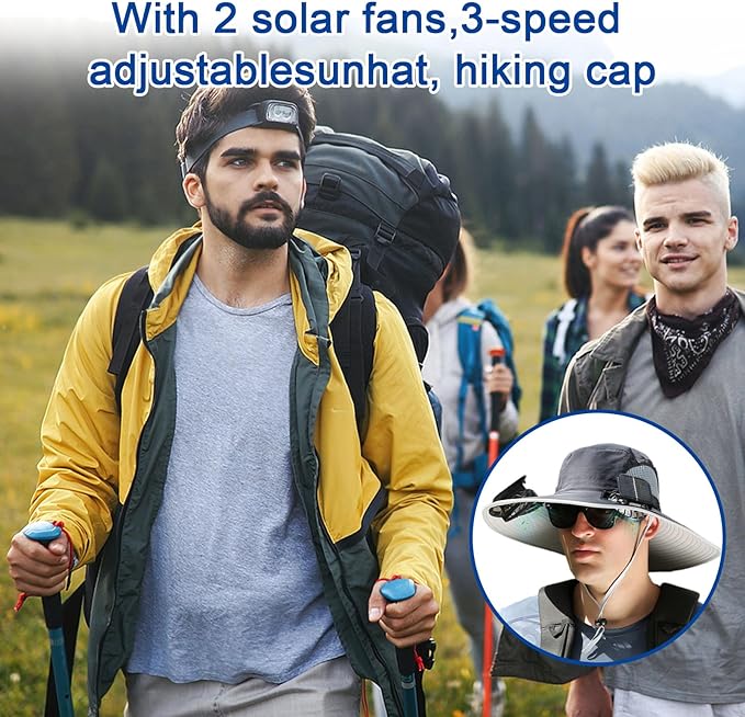 Solar Fan Hat, Wide Brim Sun Cap with 2 Solar Sun Protection Fans, USB and Solar Powered Fan Hat
