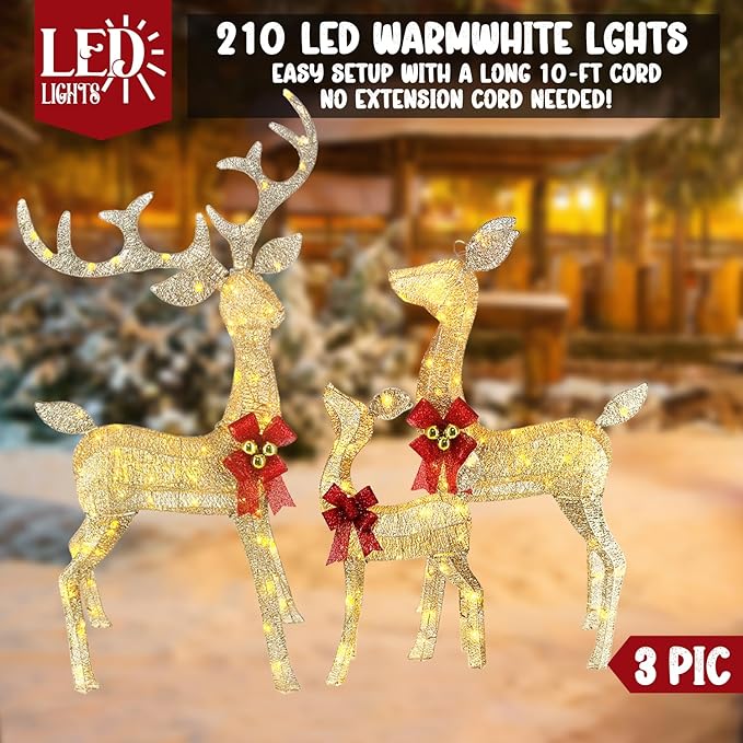 Light Up Christmas Reindeer Decor Set of 3 (4ft Tall) with 240 LED Lights, Ideal as Outdoor Christmas Decorations Yard Display or Indoor Home Decor, Features Sturdy Metal Frame and Ground Stakes