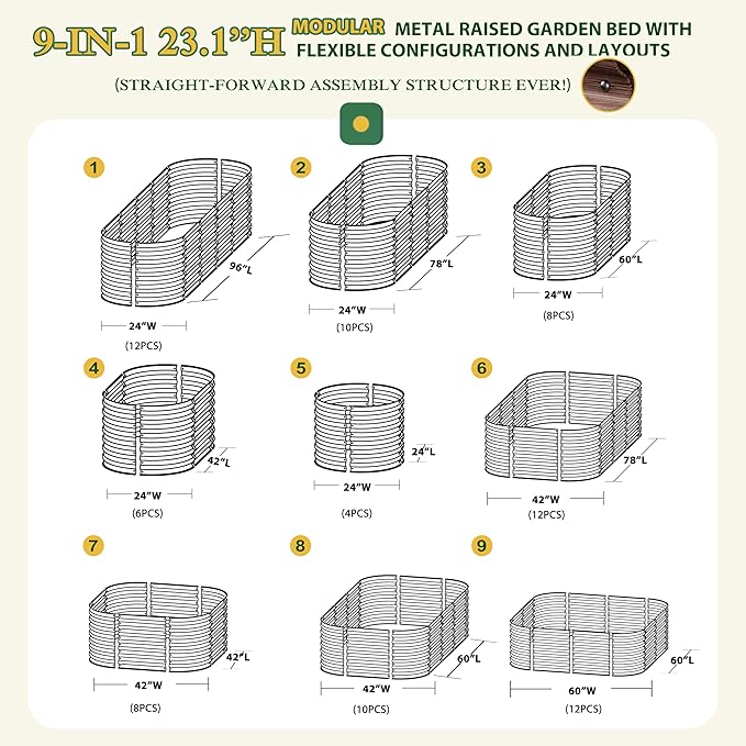 MUPATER Galvanized Raised Garden Bed Outdoor 8x2x2ft, 9-in-1 Metal Raised Planter Box W/ 2 Aluminum Support Rods, Oval Outdoor Raised Garden Bed for Vegetable, Flower, Backyard and Patio, Rustic