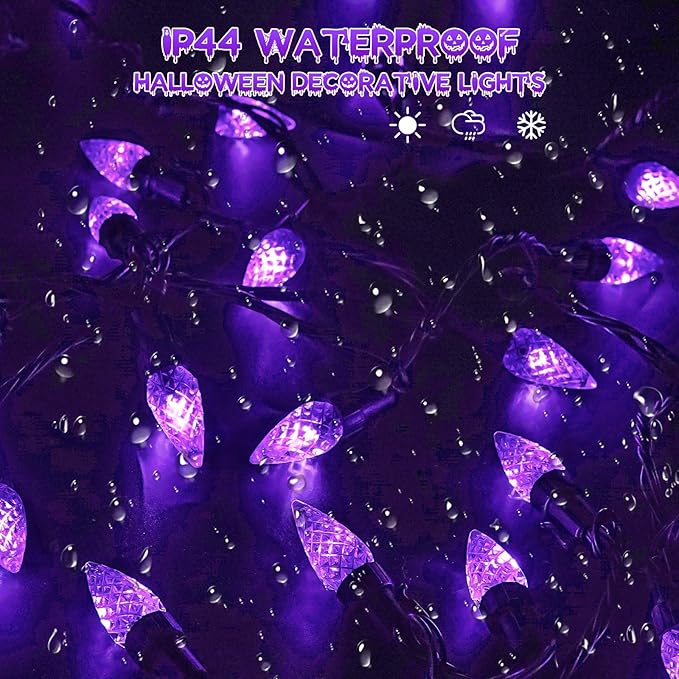 2 Pack C6 Halloween Lights Outdoor Indoor, Total 200 LED 66 FT Connectable Halloween String Lights with Timer & 13 Modes, Waterproof Twinkle Light for Porches Tree Horror Party Decorations (Purple)