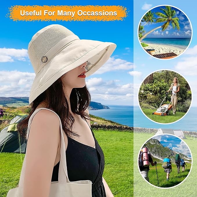 Women Wide Brim Sun Hats Metal Wired Edge Summer UV Protection Beach Fishing Hat for Hiking Garden Travel Chin Strap