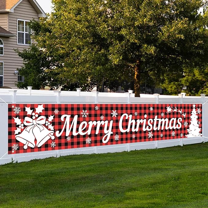 Happy Christmas Large Banner,Vintage Christmas Tree Snowman Banner for Outside,Merry Christmas Red Plaid Decorations for Yard Garden 120x20 Inches
