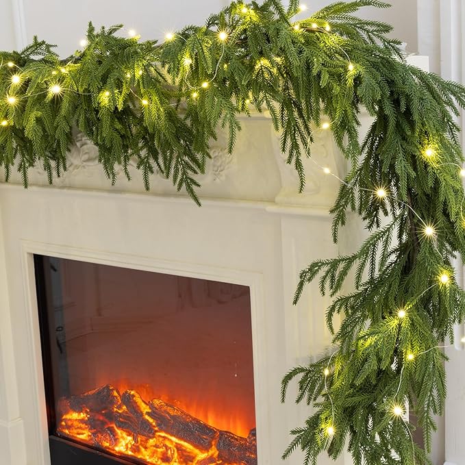 MISSPIN 14ft Christmas Garland with LED Lights, Real Touch Norfolk Pine Garland, Green Artificial Greenery Garland for Table, Mantle, String Light, Wall, Indoor, Outdoor Christmas Decorations