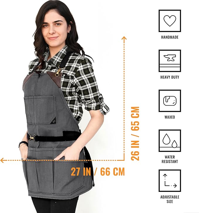 Under NY Sky Tool Gray Apron – Heavy-Duty Waxed Canvas, Leather Reinforcement, Extra Pockets – Adjustable for Men and Women – Pro Mechanic, Woodworker, Blacksmith, Plumber, Electrician, Welder Aprons