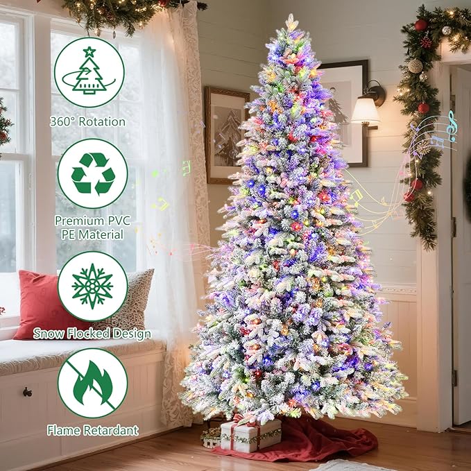 Rotating Flocked Christmas Tree 7ft - Prelit Musical Artificial Xmas Tree with Remote Control, 1220 PE & PVC Mixed Tips, 8 Modes 380 Multicolor LED Lights for Holiday Decor