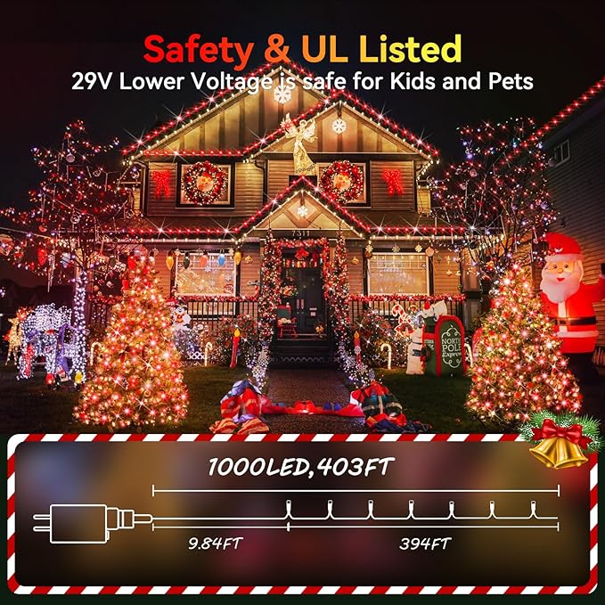 Hezbjiti 1000 LED 403 FT Christmas String Lights Outdoor, 8 Lighting Modes IP44 Waterproof Fairy Lights with Timer and Dimmable Function for Home Party Tree Decorations (Red, Clear Wire)