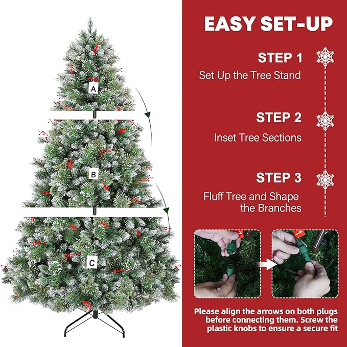 Hykolity 7.5 ft Prelit Snow Flocked Christmas Tree, Partially Frosted Xmas Pine Tree with Red Berries, 350 Warm White Lights, 1372 PVC Branch Tips, Metal Stand and Hinged Branches