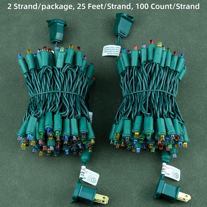 YULETIME Multicolor Wide Angle LED Christmas Lights 200 Count 50 ft, Pack of 2 Strands 25 ft 100 Lights UL Certified Commercial Grade String Light Set (Multicolor)