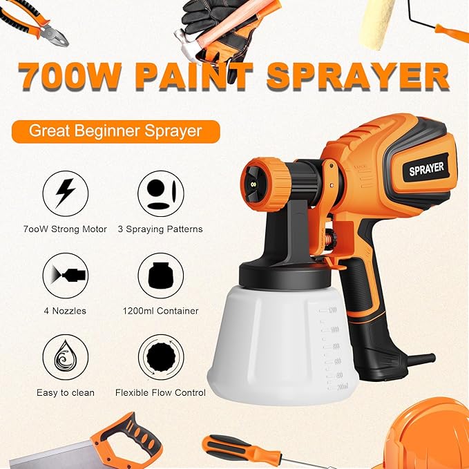 Paint Sprayer, 700W HVLP Spray Gun with Cleaning & Blowing Joints, 4 Nozzles and 3 Patterns, Easy to Clean, for Furniture, Cabinets, Fence, Walls, Door, Garden Chairs etc. VF803 Orange