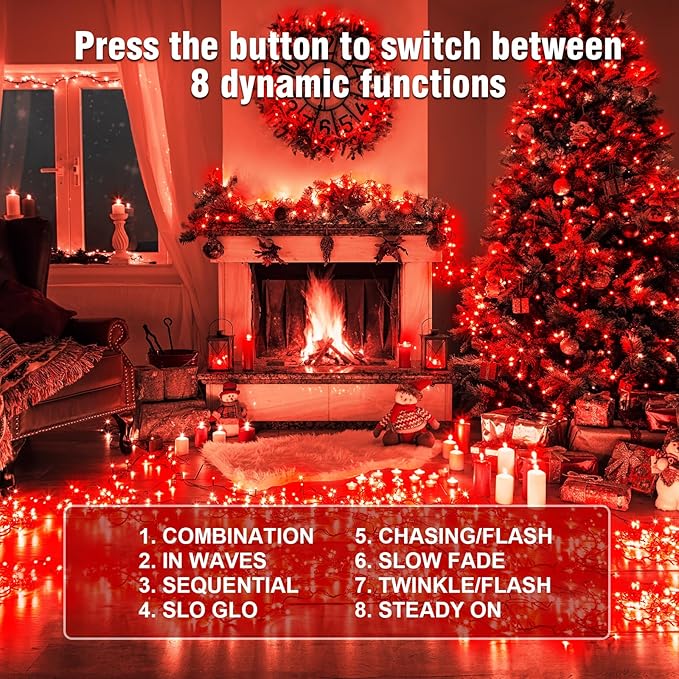 Nisocy 66FT 200 LED Red String Lights with Green Wire, Waterproof Christmas Tree Fairy Lights with 8 Modes, Indoor Outdoor Decorative Lighting for Holiday, Party, Garden, Patio