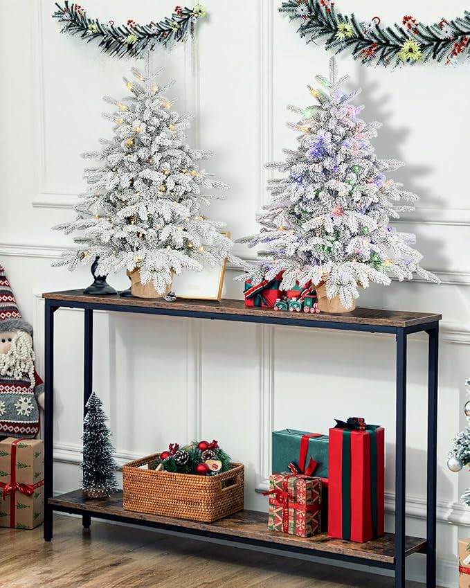 Prelit Flocked Christmas Tree, Artificial Small Christmas Tree with 100 Warm White & Multi Color Led Lights, Frosted LED Xmas Tree with Snow (3FT-Lights)