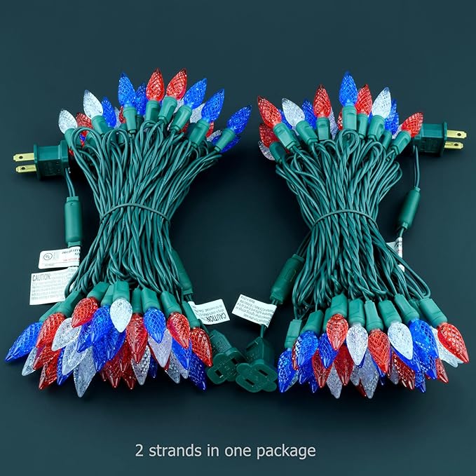 YULETIME Red White Blue One-Piece C6 Strawberry Christmas Lights 140 Count 71 Feet, 2 Sets 70 LED 35.5 ft High Waterproof UL Certified String Light (Red, White & Blue)