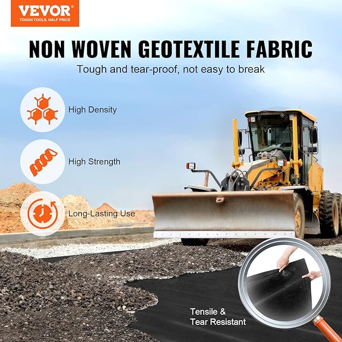 VEVOR Geotextile Landscape, 10ft x 100ft 8 oz Non-Woven PP Drainage 350N Tensile Strength & 440 N Load Capacity, for Ground Cover, Garden Fabric, French Drains, Black